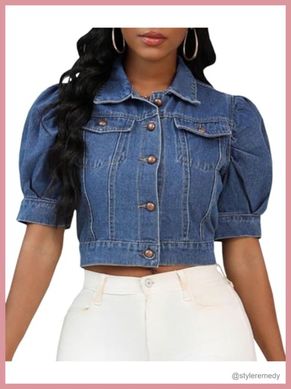 Cropped Denim Jacket Short Puff Sleeve Button Down Summer Lightweight
